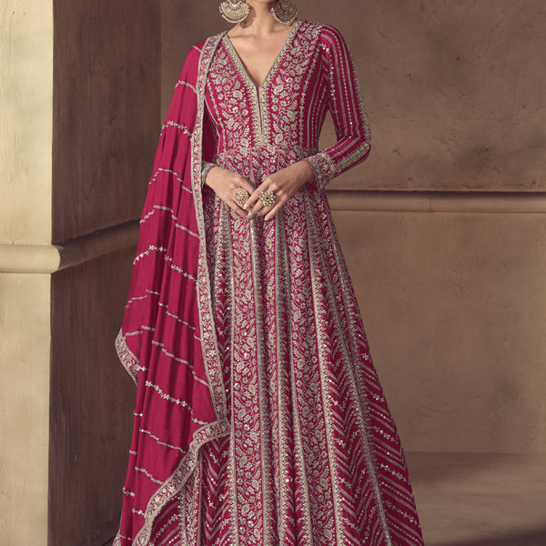 Vegaa Fashion Rani Pink Chinon Silk Embroidered Designer Anarkali Suit