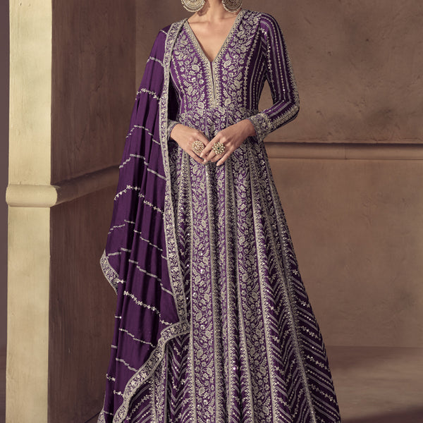 Vegaa Fashion Purple Chinon Silk Embroidered Designer Anarkali Suit