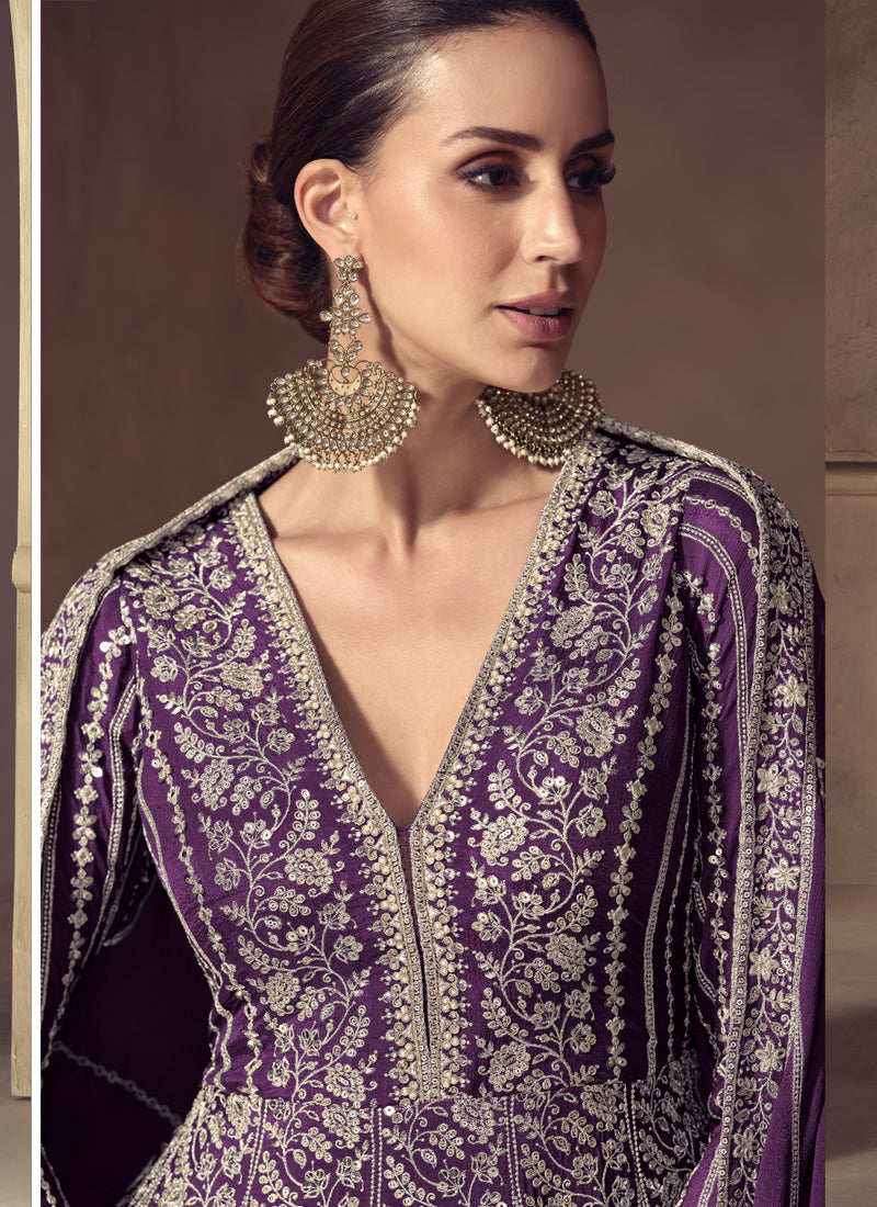 Vegaa Fashion Purple Chinon Silk Embroidered Designer Anarkali Suit - Distacart