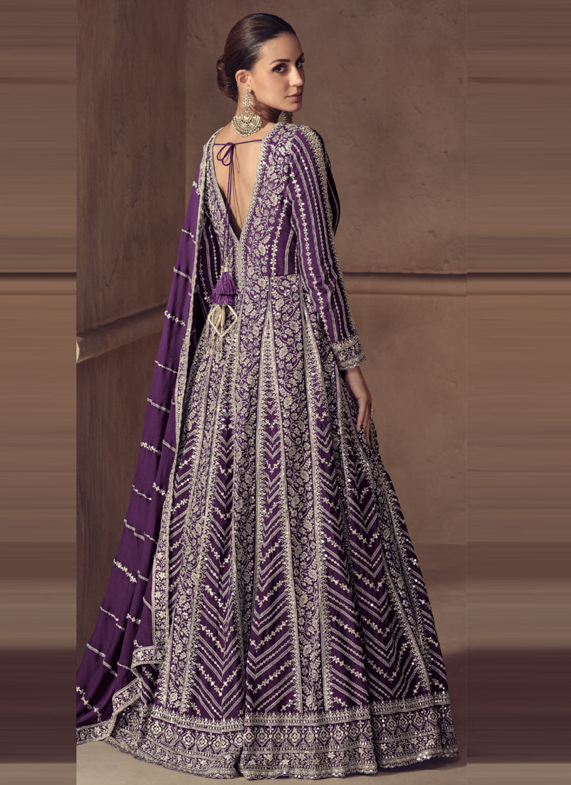 Vegaa Fashion Purple Chinon Silk Embroidered Designer Anarkali Suit