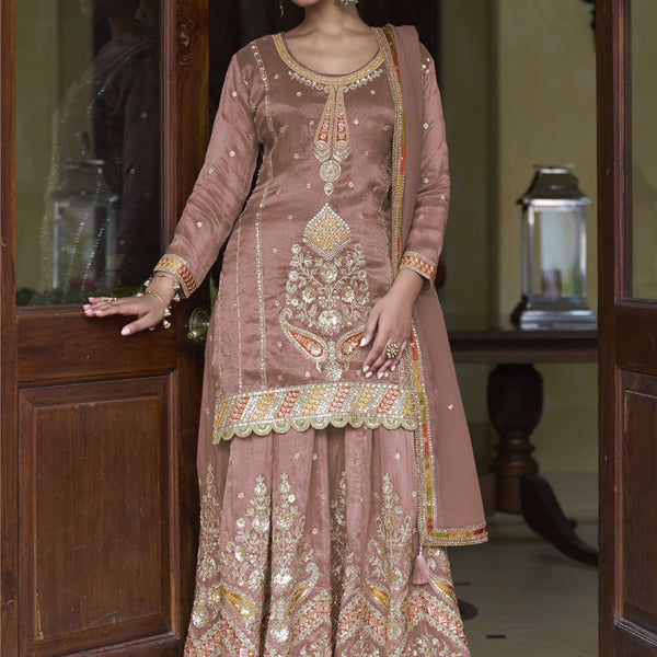 Vegaa Fashion Light Brown Shimmer Silk Embroidered Designer Salwar Palazzo Suit