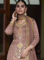 Thumbnail for Vegaa Fashion Light Brown Shimmer Silk Embroidered Designer Salwar Palazzo Suit