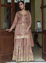 Thumbnail for Vegaa Fashion Light Brown Shimmer Silk Embroidered Designer Salwar Palazzo Suit