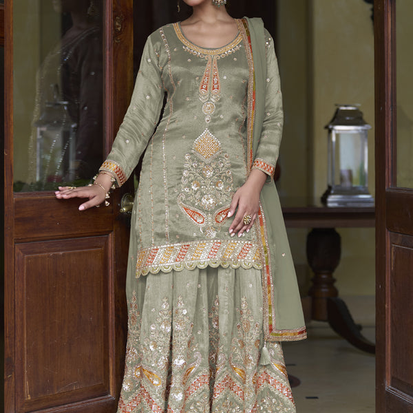 Vegaa Fashion Light Mehendi Shimmer Silk Embroidered Designer Salwar Palazzo Suit - Distacart