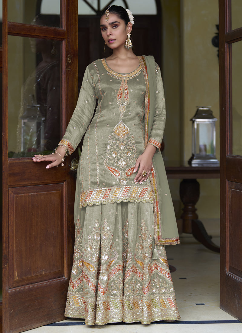 Vegaa Fashion Light Mehendi Shimmer Silk Embroidered Designer Salwar Palazzo Suit