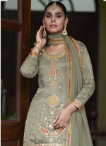 Thumbnail for Vegaa Fashion Light Mehendi Shimmer Silk Embroidered Designer Salwar Palazzo Suit - Distacart