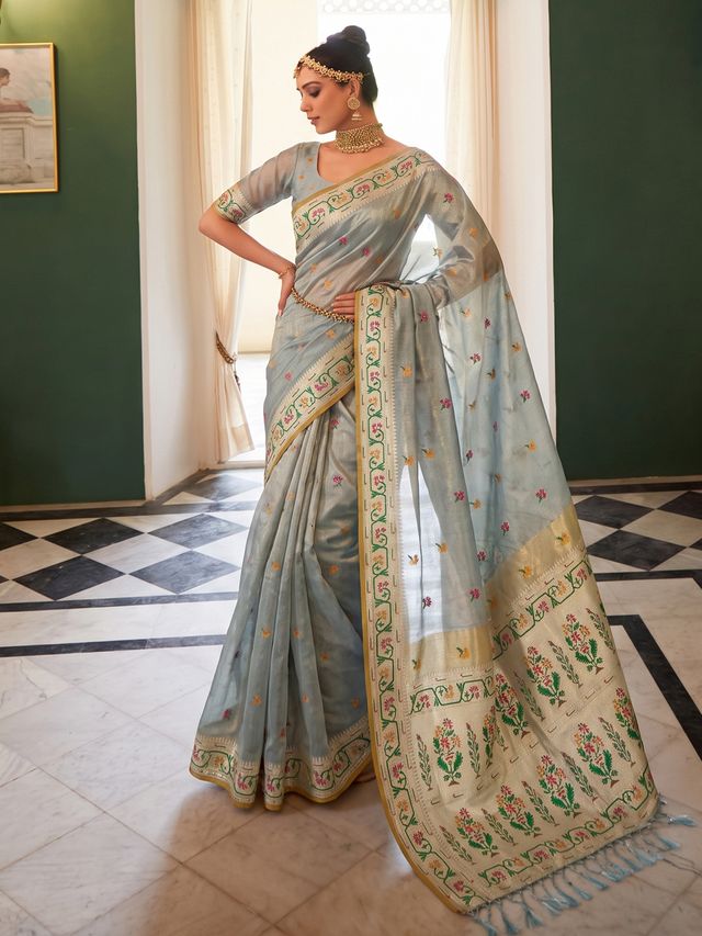 Shree Shyam Fashion Sky Blue Woven Work Tissue Silk Fabric Festive Wear Saree With Blouse