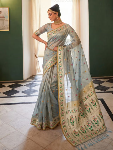 Shree Shyam Fashion Sky Blue Woven Work Tissue Silk Fabric Festive Wear Saree With Blouse - Dista