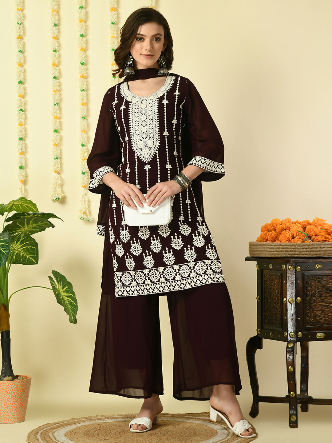 Myshka Women's Coffee Brown Georgette Kurta & Palazzos With Dupatta Party Sets - Distacart