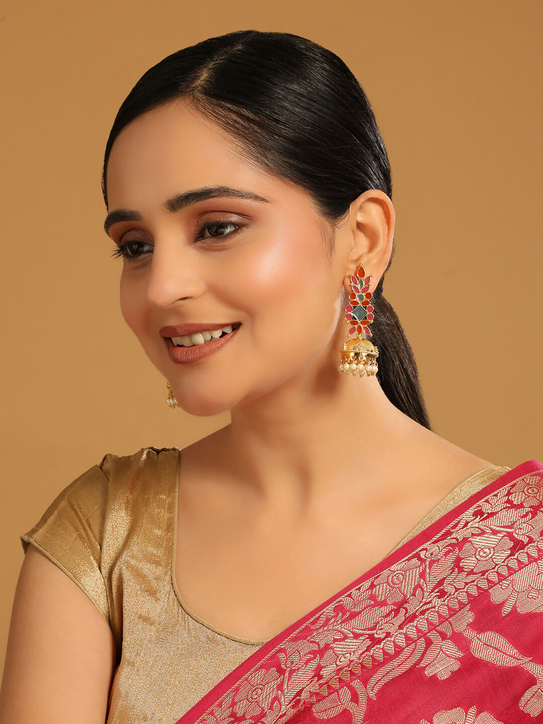 Nuyug 22K Gold-Plated Enamel & Beaded Dome Shaped Jhumka Earrings