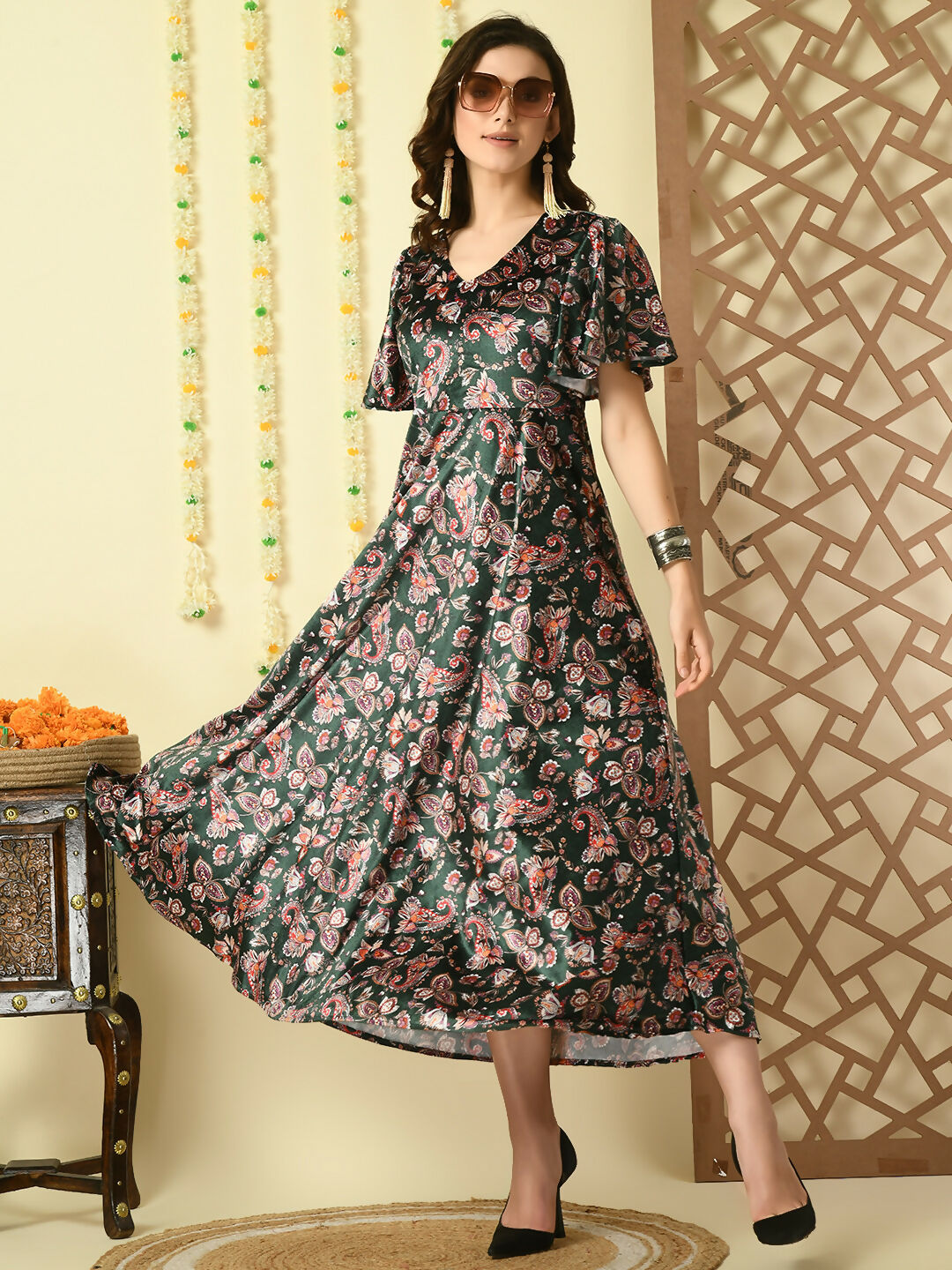 Myshka Women's Multi Printed Velvet Party Dress - Distacart