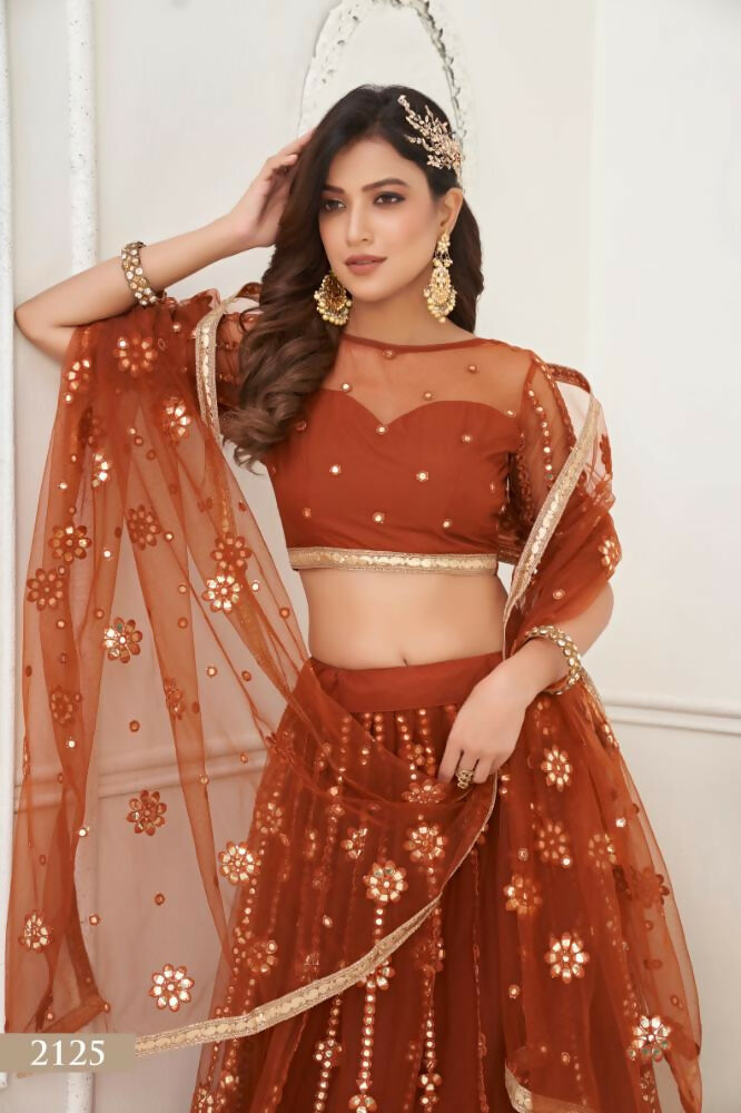 Aastha Fashion Brown Butterfly Net Tone To Tone Thread Work And Mirror Work Embroidery Wedding Wear Lehenga Choli - Distacart