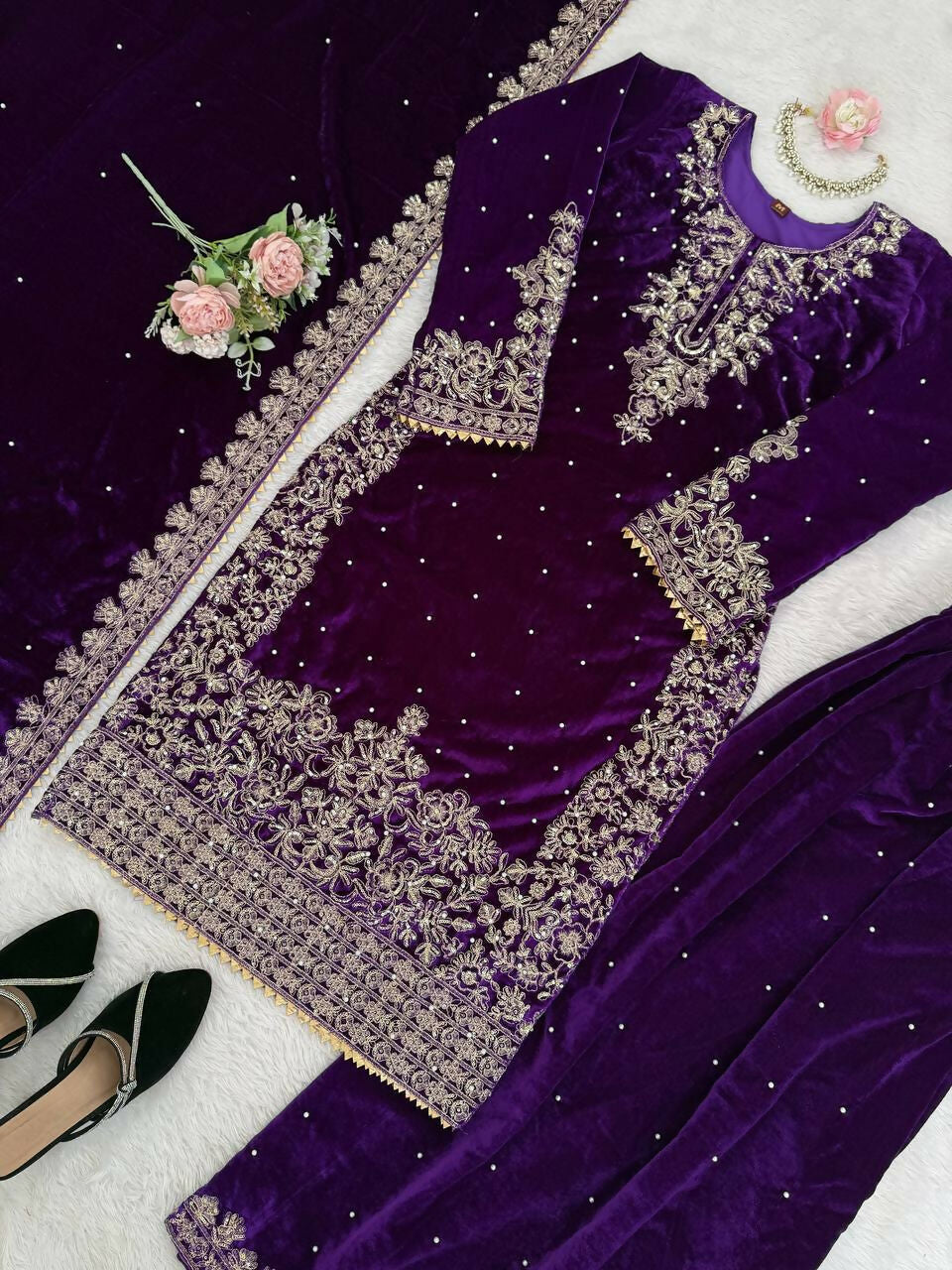 Vastranavya Purple Viscose Velvet Cording Sequence With Moti Work Top-Bottom With Dupatta