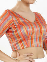Thumbnail for Joban Fashion Orange Multi Brocade Padded Blouse With V Neck Elbow Sleeves - Distacart