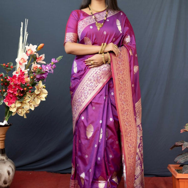 Jyoti Fashion Women's Purple Paithani Silk Zari Woven Saree with Blouse - Distacart