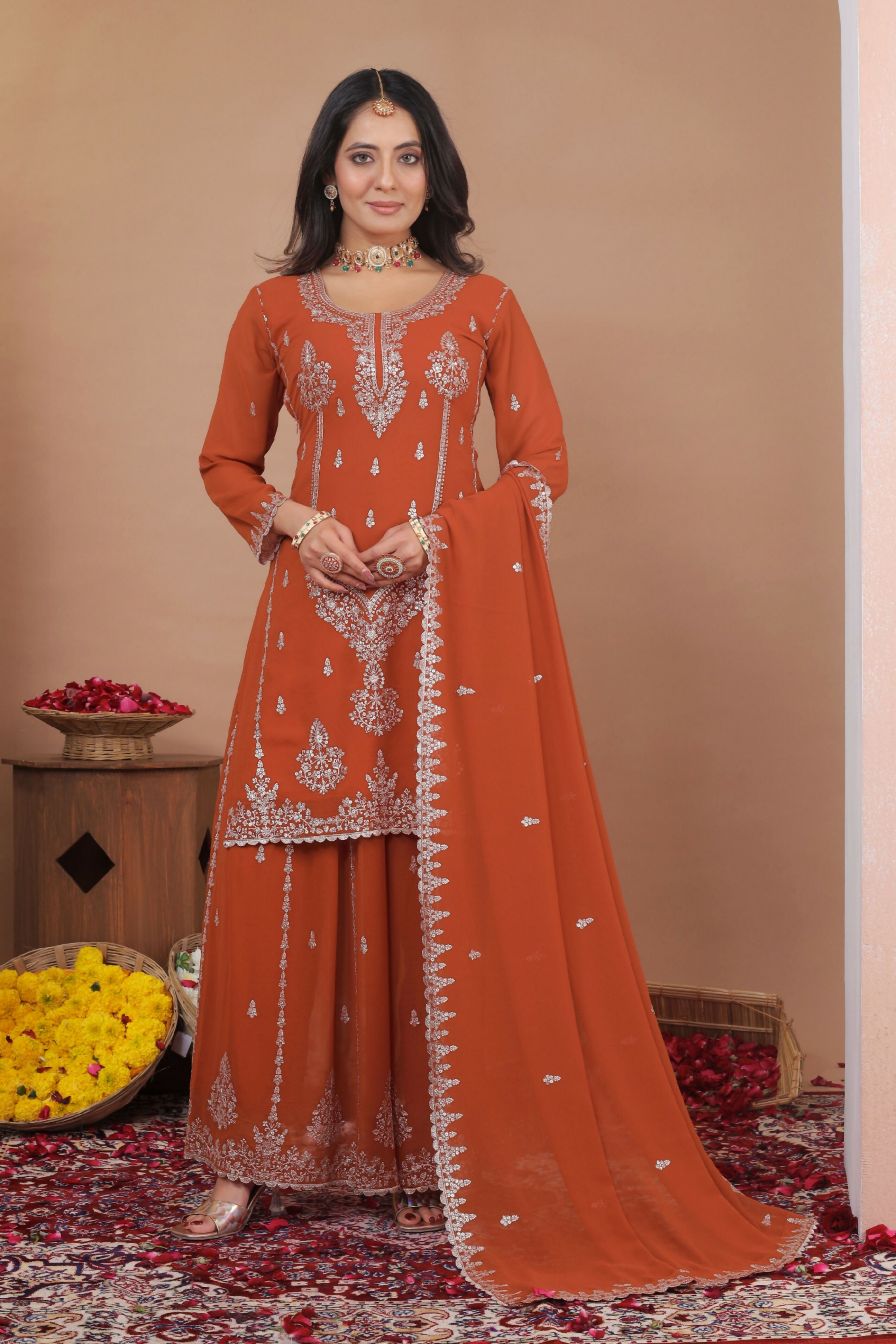 The52 Women's Gorgeous Embroidery Work Fox Georgette Fabric Straight Kurta Sharara and Dupatta Set-Orange - Dista
