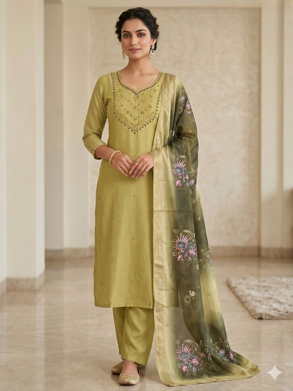 Teeya Creation New Trendy Fancy Premium Mul Chanderi Kurta Set - Green - Dista