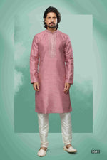 Thumbnail for Raivat Ethnic Art Silk Mirror Embroidery Work Kurta Pajama In Pink Colour - Dista