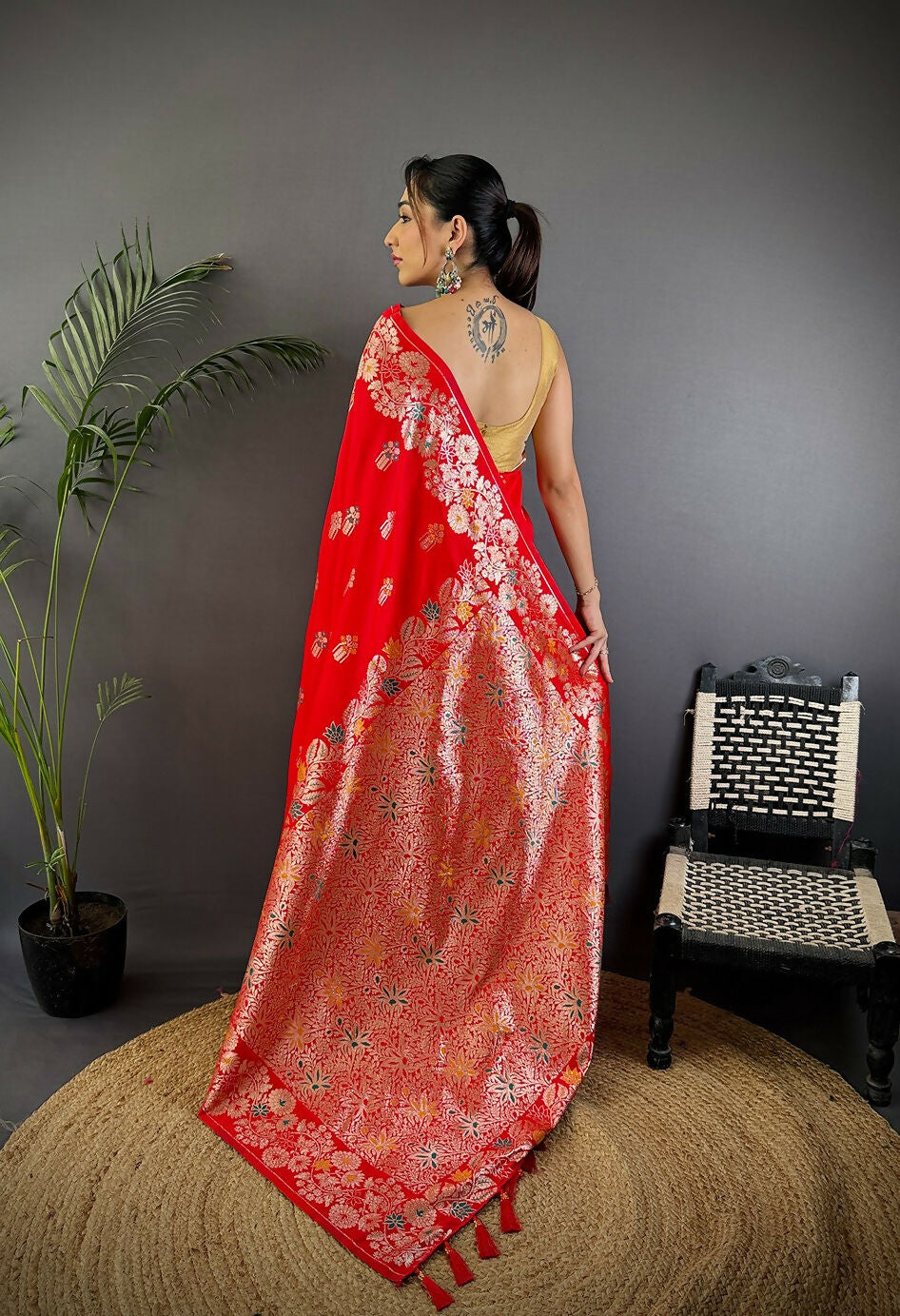 Joban Fashion Meenakari Red Woven Soft Silk Saree