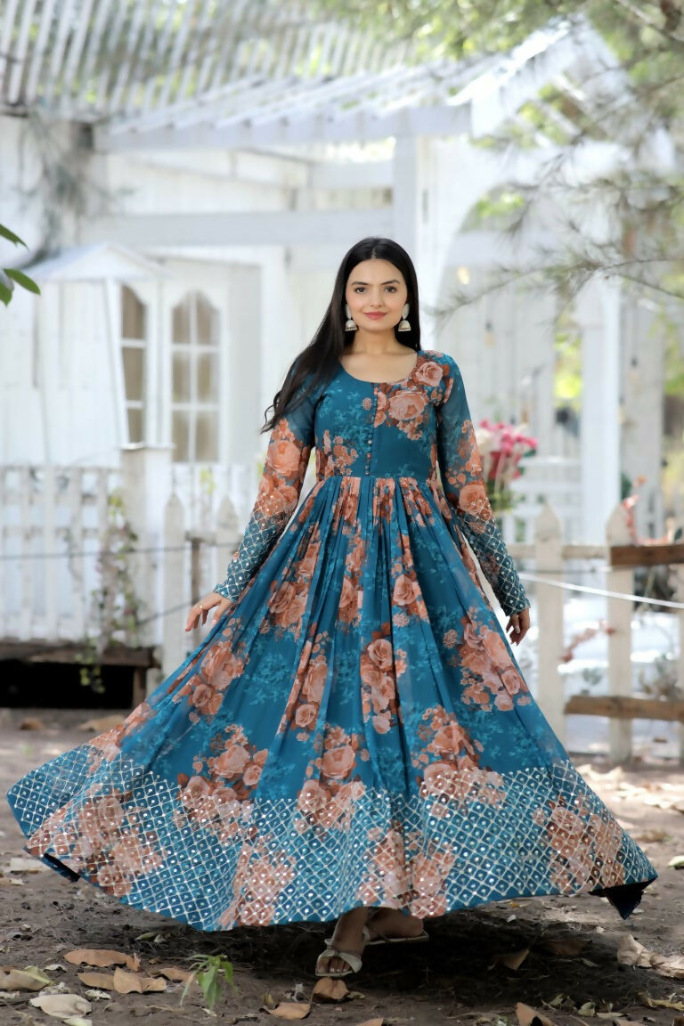 Jyoti Fashion Women's Teal Sequence Zari Embroidered Faux Georgette Anarkali Dress - Distacart