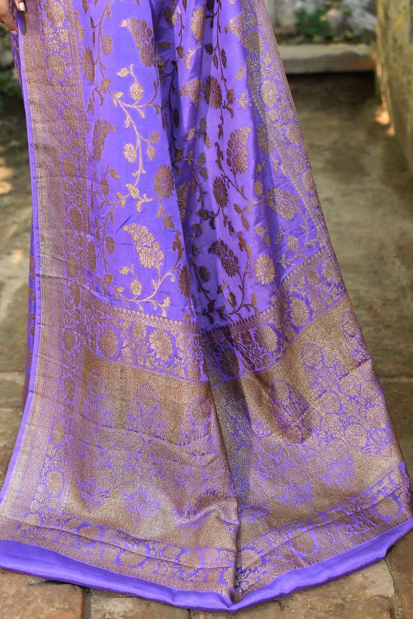 Joban Fashion Dark Lilac Crepe Chiffon Pure Handloom Banarasi Silk Saree