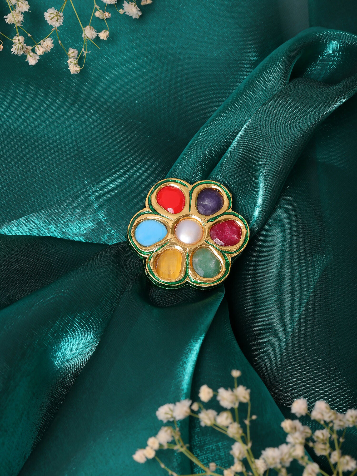 Ruby Raang Gold Polished Multi-Color Navratan Cocktail Ring