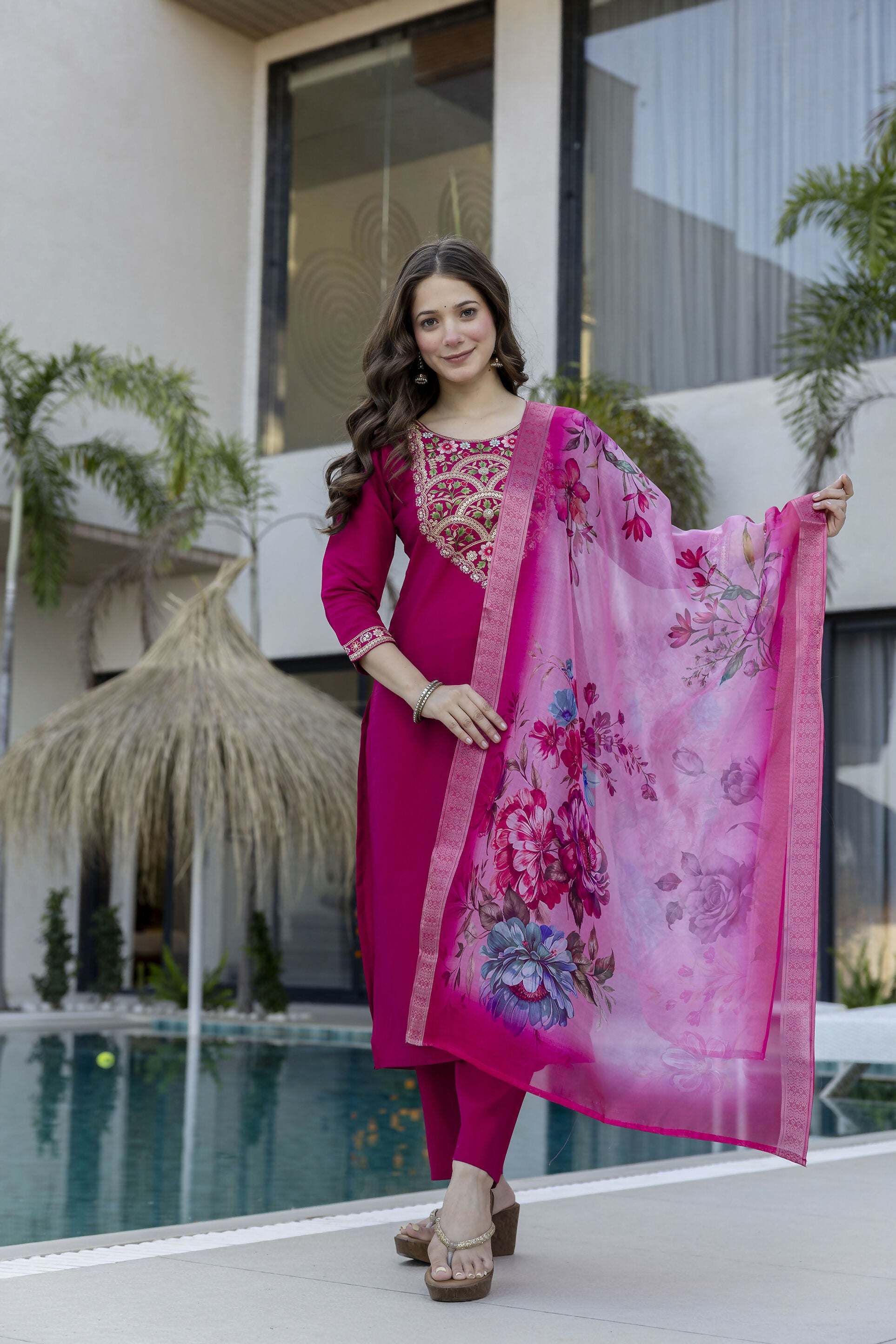 The52 Women's Gorgeous Embroidery Work Chanderi Fabric Straight Kurta Pant and Dupatta Set-Magenta