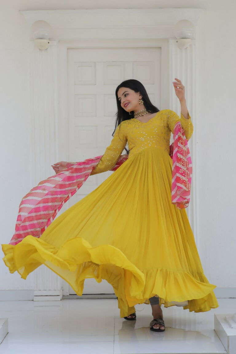 Aastha Fashion Women's Yellow Faux Georgette Sequins Embroidered Anarkali Dress with Dupatta - Distacart