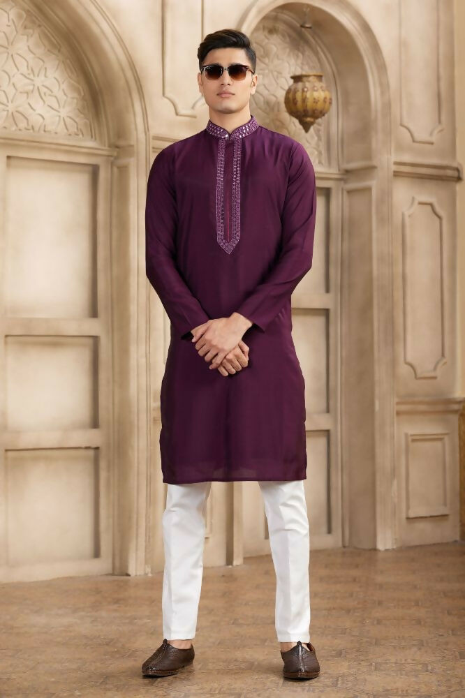Raivat Ethnic Banarasi Art Silk Mirror Work Kurta Pajama In Wine Colour