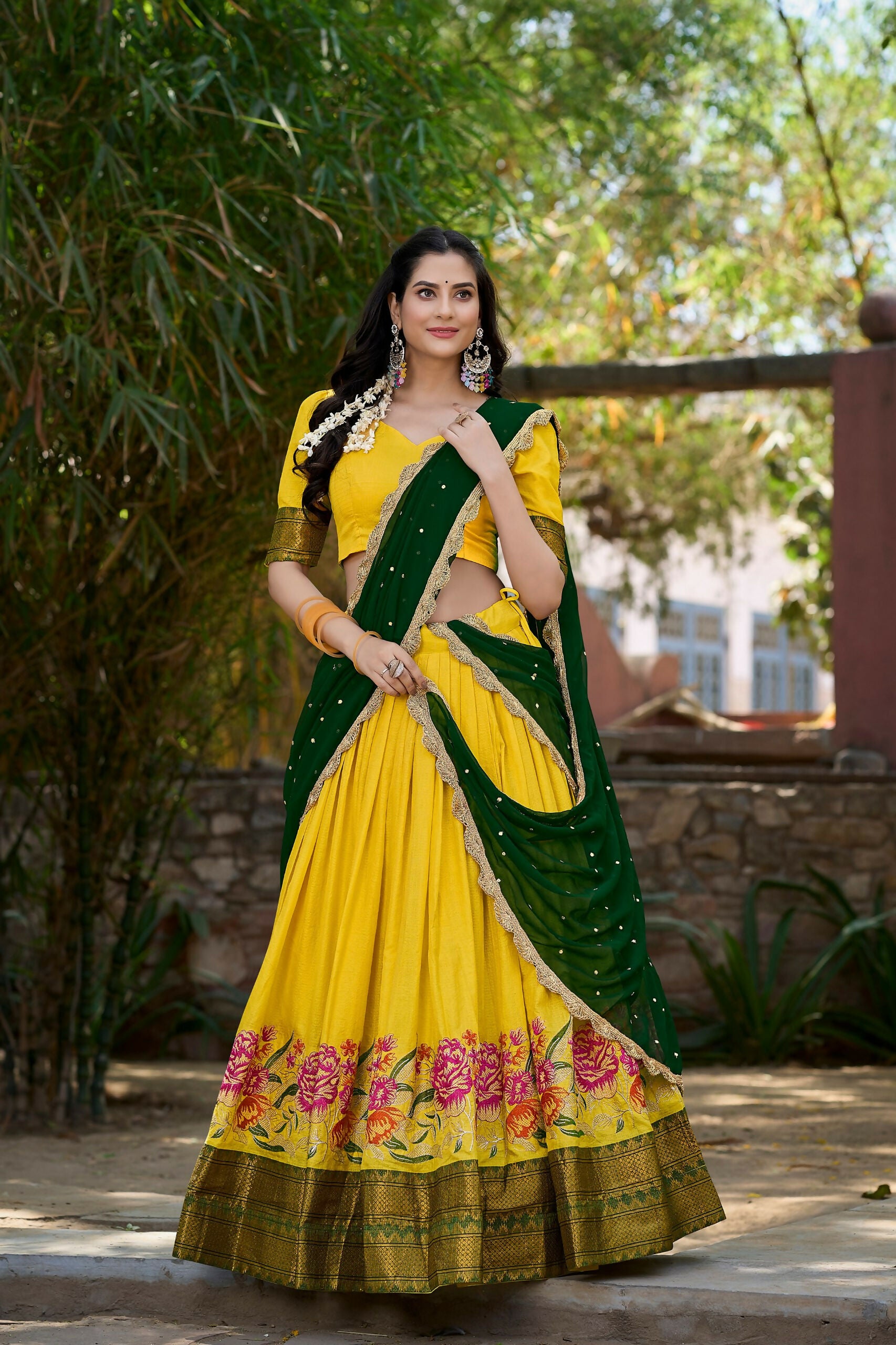 Vastranavya Stunning Cotton Silk Thread Embroidery Work Lehenga Choli - Yellow - Distacart