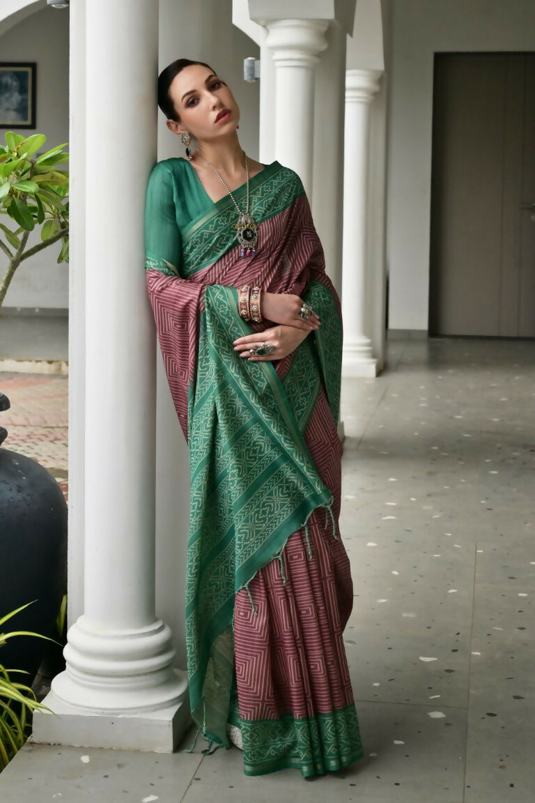 Vishnu Weaves Women's Green Soft Tussar Silk Printed Saree with Blouse