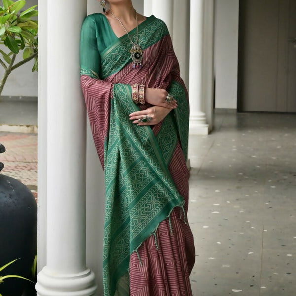 Vishnu Weaves Women's Green Soft Tussar Silk Printed Saree with Blouse