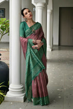 Thumbnail for Vishnu Weaves Women's Green Soft Tussar Silk Printed Saree with Blouse