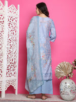 Thumbnail for Jyoti Fashion Women's Grey Satin Traditional Digital Print with Crystal work Kurta with Trouser & Dupatta - Distacart