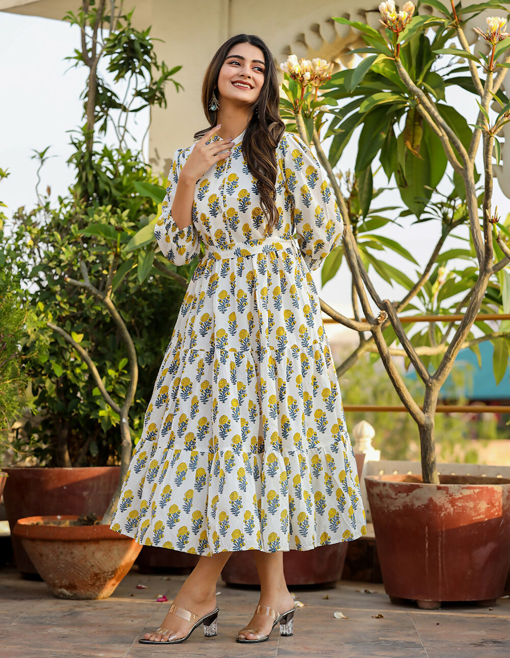 Kaajh Women's White-Yellow Ethnic Floral Hand Block Print Cotton Dress - Distacart