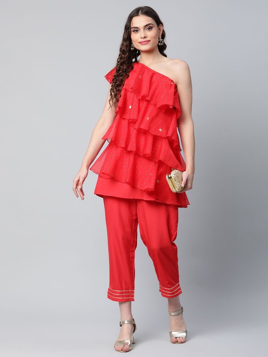 Ahalyaa Red Printed Layered Top with Trousers - Distacart