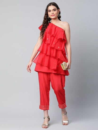 Ahalyaa Red Printed Layered Top with Trousers - Distacart