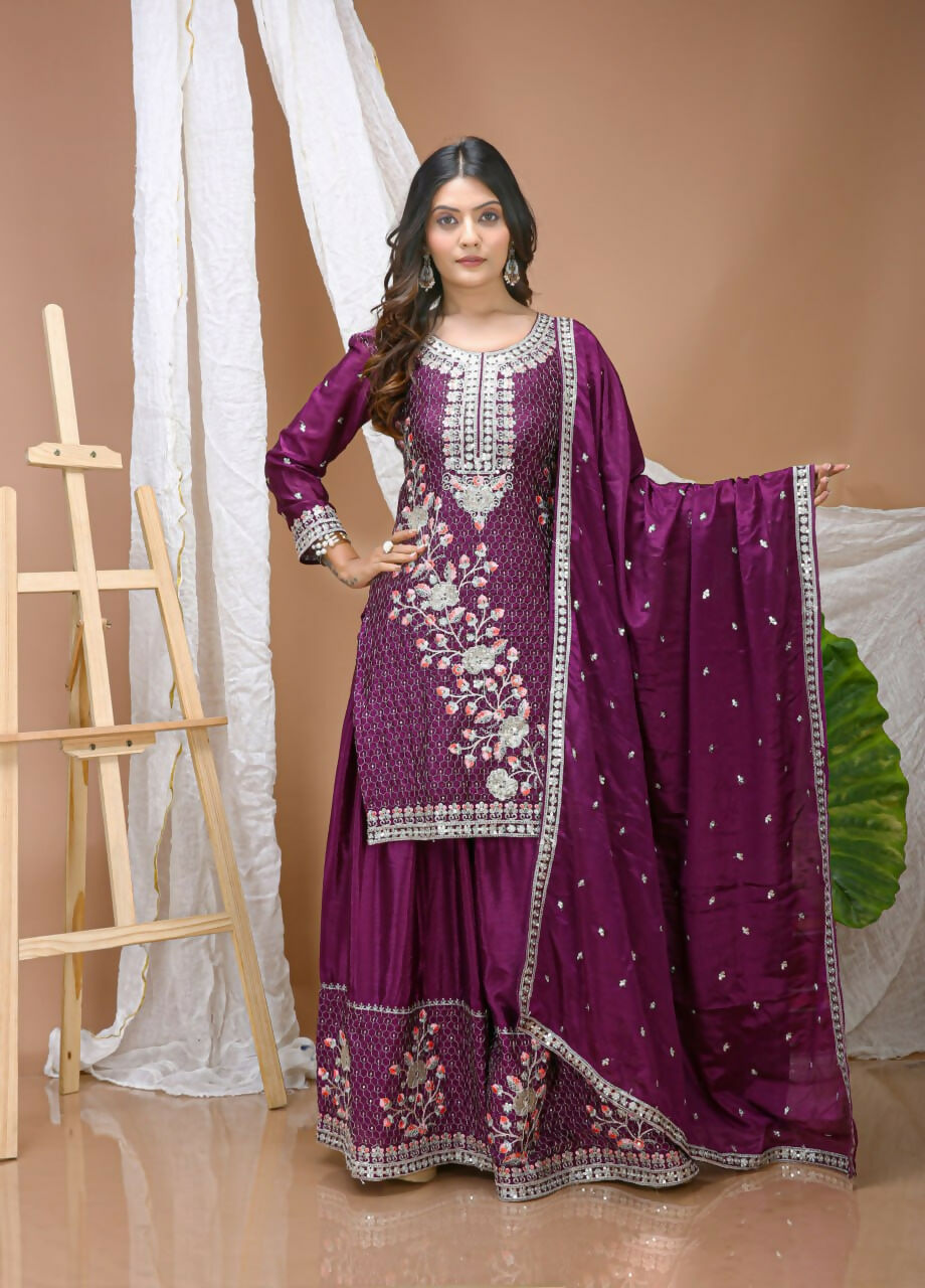 Teeya Creation Wine Color Chinon Silk Wedding Wear Trending Palazzo Set - Distacart