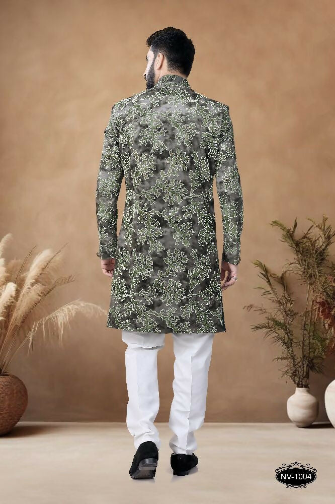 Joban Fashion Men's Green Straight Swed Velvet Thread & Sequence Embroidery All Over Indo-Western Kurta Set - Distacart