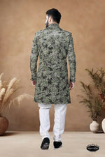 Thumbnail for Joban Fashion Men's Green Straight Swed Velvet Thread & Sequence Embroidery All Over Indo-Western Kurta Set - Distacart