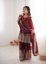 Thumbnail for Teeya Creation Maroon Color Fendy Satin Silk Embroidery Work Party Wear Salwar Suit - Distacart