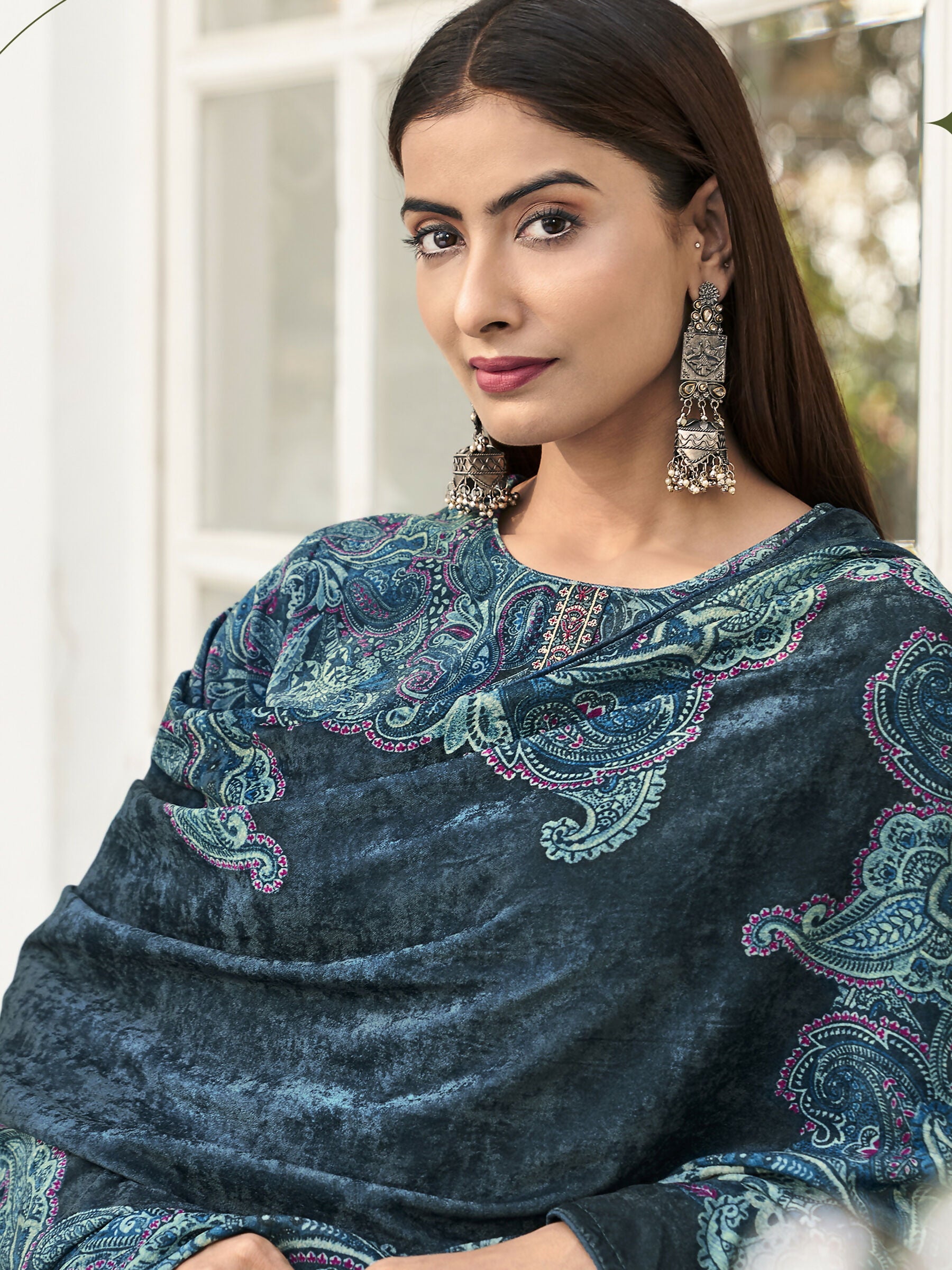 Jyoti Fashion Women's Navy Blue Velvet Digital Print with Resham Thread work Kurta with Trouser & Dupatta - Distacart