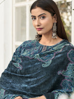 Thumbnail for Jyoti Fashion Women's Navy Blue Velvet Digital Print with Resham Thread work Kurta with Trouser & Dupatta - Distacart