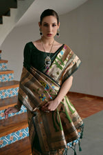 Thumbnail for Vishnu Weaves Women's Bt-Green Paithani Silk Zari Woven Saree with Blouse