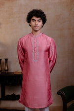 Thumbnail for Falling Raw Silk Pink Prism Motif Kurta Set By Hilo Design