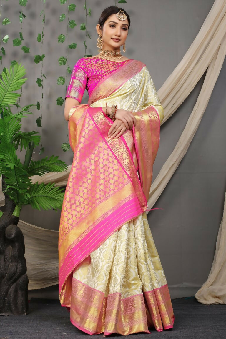 Jyoti Fashion Women's Off White Kanjivaram Silk Zari Woven Saree with Blouse - Distacart