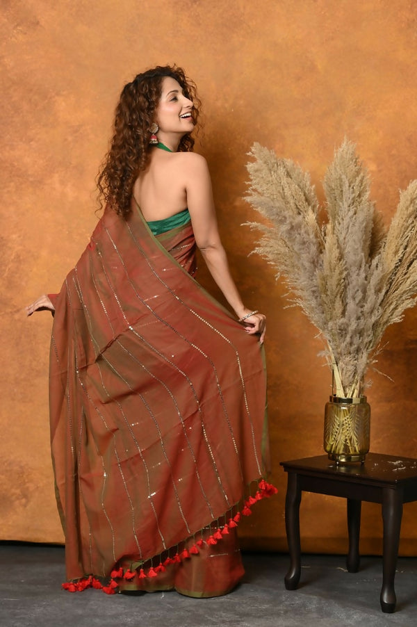 Very Much Indian Designer Mul Cotton Handloom Saree with Sequins - Red - Distacart