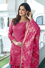 Thumbnail for Teeya Creation Pink Colour Chinnon Silk Heavy Embroidery Work Fully Stitched Salwar Suit - Distacart