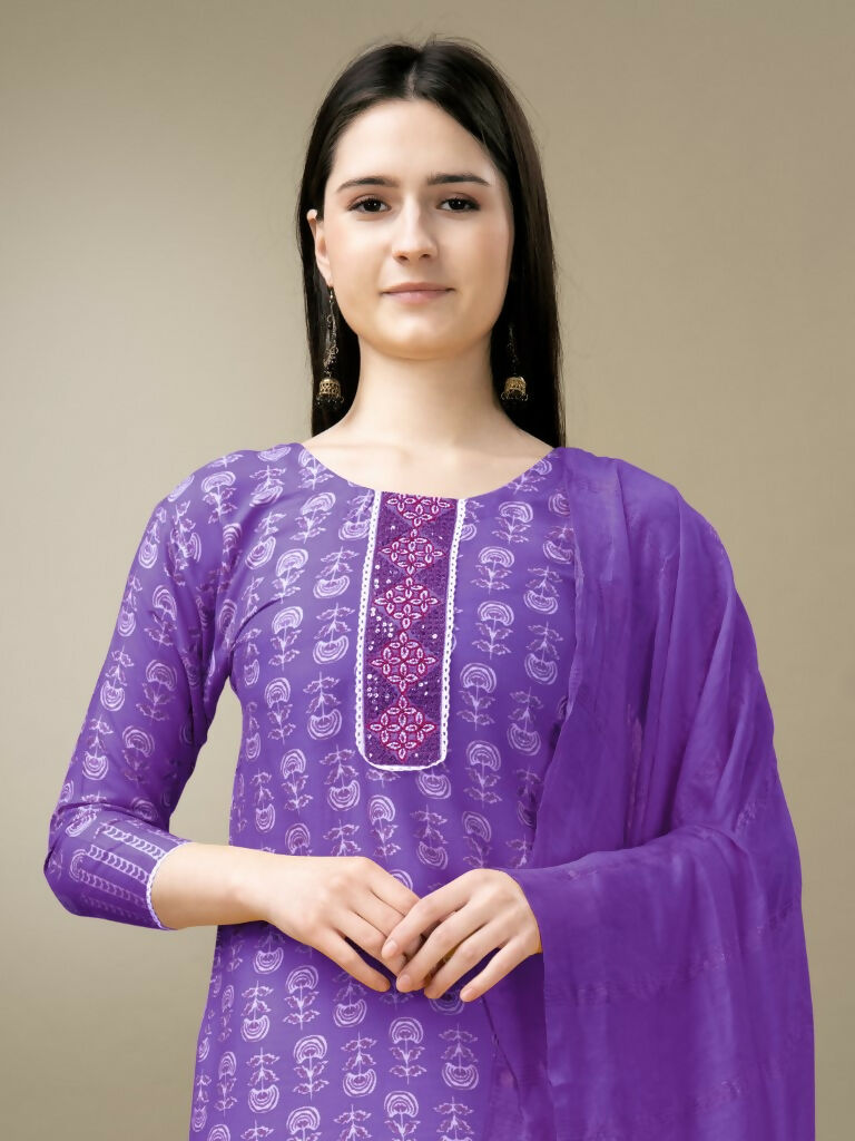 Jyoti Fashion Women's Purple Rayon Embroidery & Sequence work Kurta with Trouser & Dupatta - Distacart