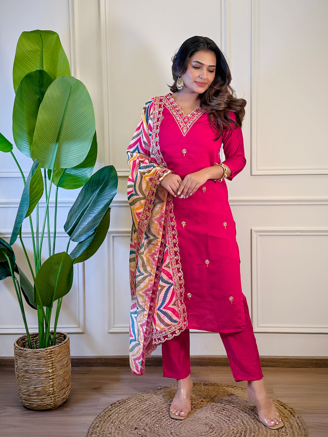 The52 Women's Gorgeous Viscose Embroidery Straight Kurta with Pant And Dupatta Set